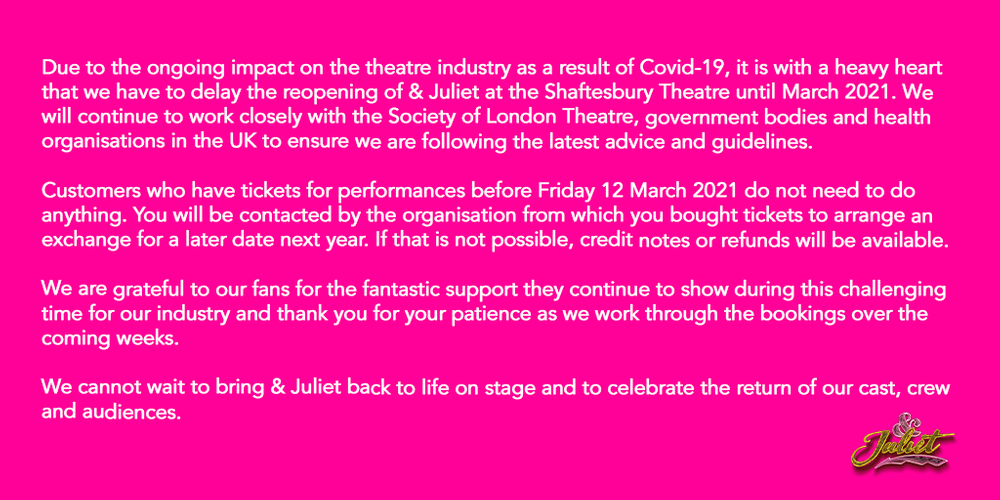& Juliet will reopen in March 2021 - News And we cannot wait to go back