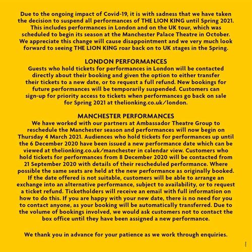 The Lion King cancels performances until Spring - News See you in 2021, Lion King..